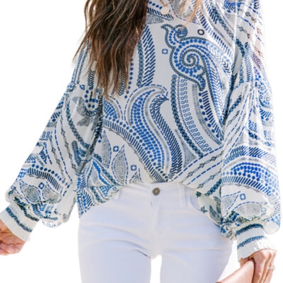 Women’s Paisley Print Balloon sleeve blouse in Sky Combo size sm NWT - Picture 1 of 7
